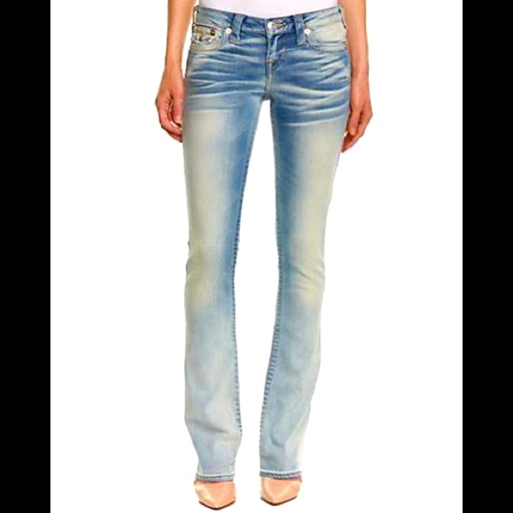 True Religion Womens 25 Bootcut
with Flap Pockets Light Wash Gold Stitch